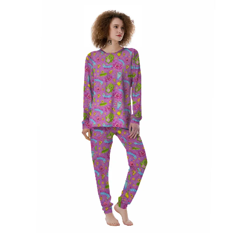 Pink Alien And Cute Monsters Print Pattern Women's Pajamas