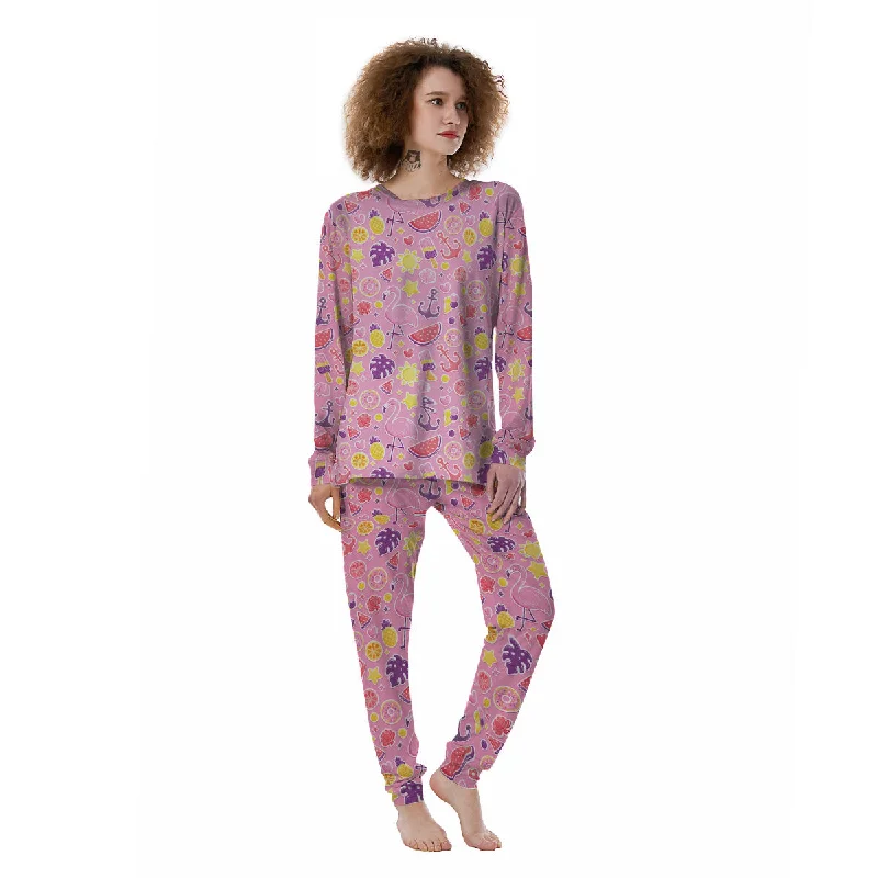 Pink Flamingo Summer Beach Print Pattern Women's Pajamas