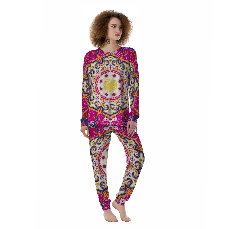 Pink Paisley And Mandala Print Women's Pajamas