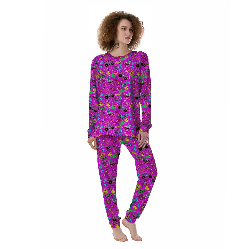 Pink Retro Stickers 90s Print Pattern Women's Pajamas