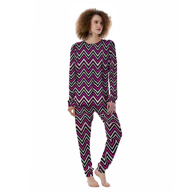 Pink White Black Zigzag Print Pattern Women's Pajamas