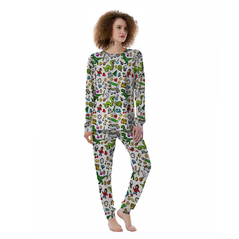 Pixel Art 8 Bit Retro Cartoon Print Pattern Women's Pajamas