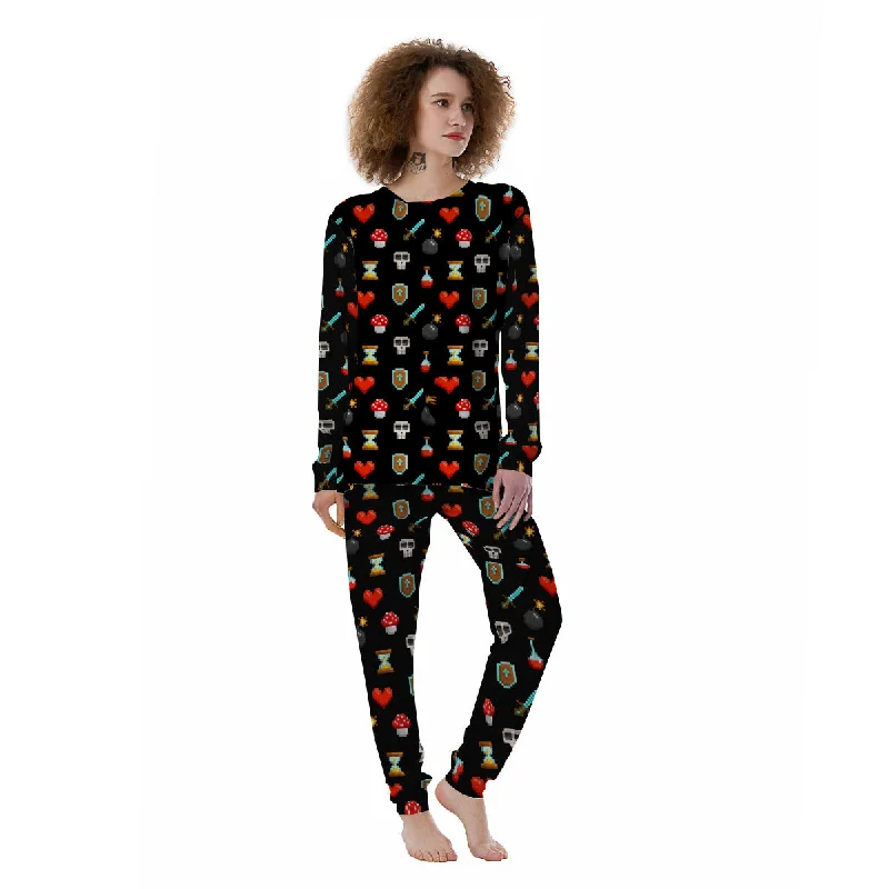 Pixel Graphics Game Icons Print Pattern Women's Pajamas