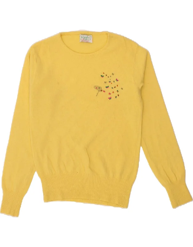 BENETTON Womens Crew Neck Jumper Sweater UK 14 Large Yellow Wool