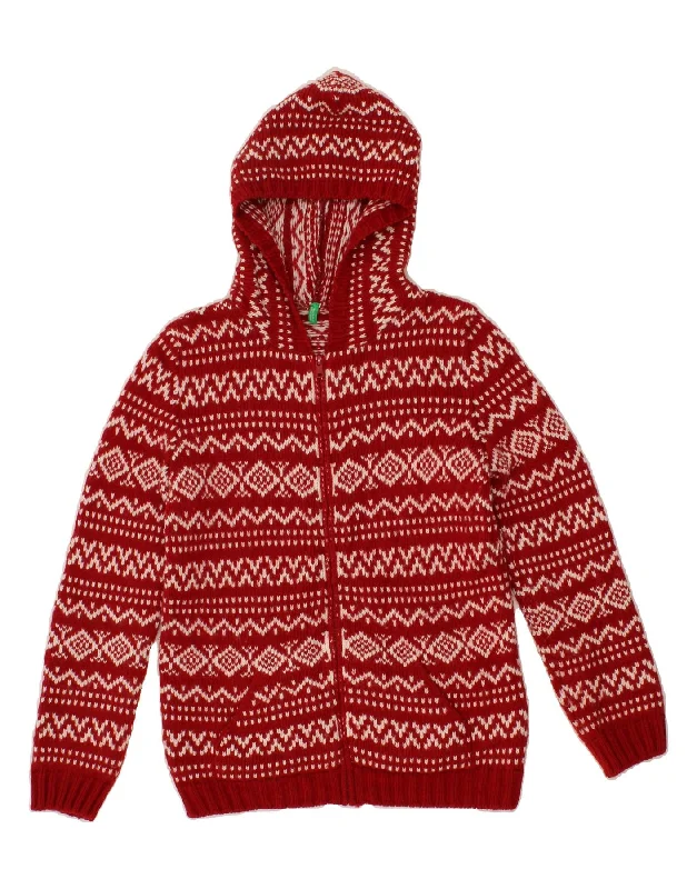 BENETTON Womens Hooded Cardigan Sweater UK 12 Medium Red Fair Isle