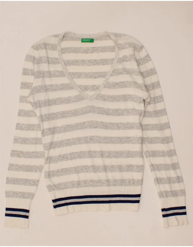 BENETTON Womens V-Neck Jumper Sweater UK 10 Small Grey Striped Cotton