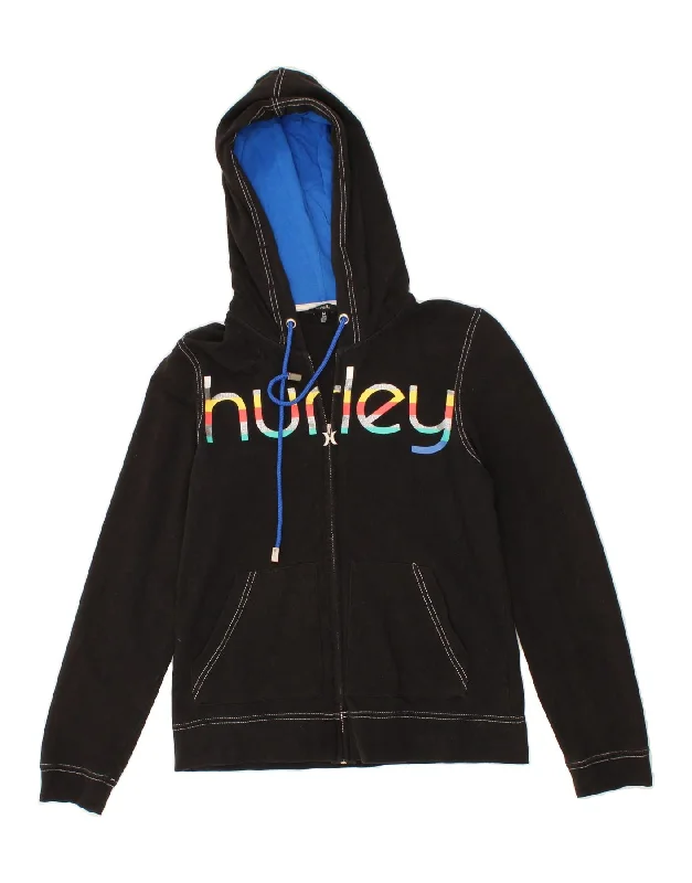 HURLEY Womens Graphic Zip Hoodie Sweater UK 12 Medium Black Cotton