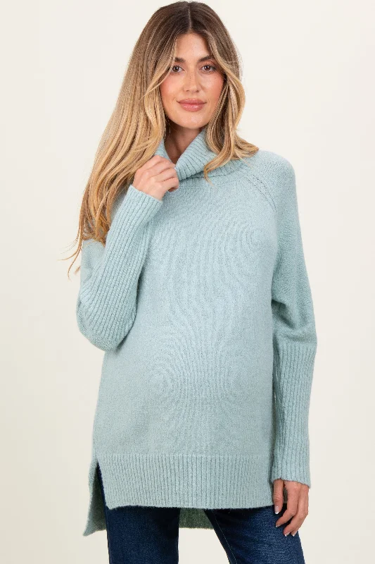 Light Olive Contrast Rib Turtle Neck Maternity Sweater