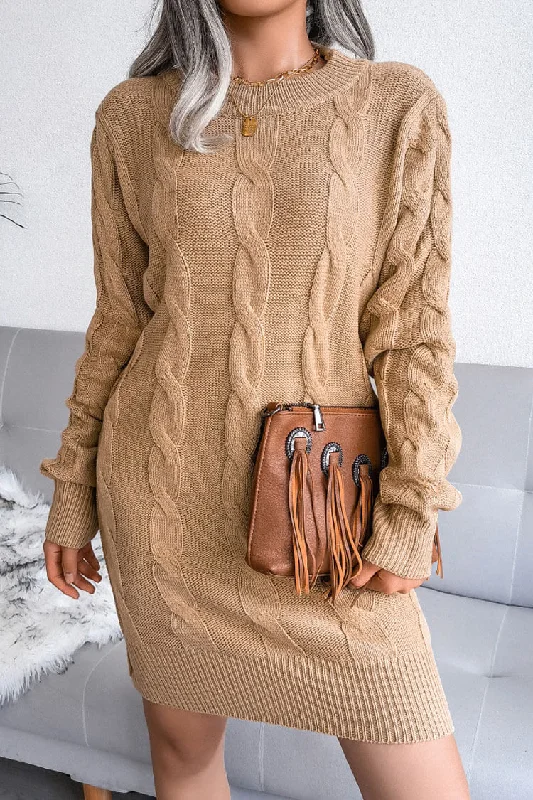 Classic Long Sleeve Winter Cable Knit Pullover Sweater Mini Dress - Khaki