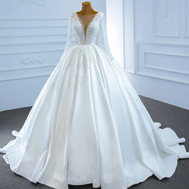 Custom Made Sexy Deep V Handmade Beaded Wedding Gown Long Sleeve Princess Satin Bridal Dress