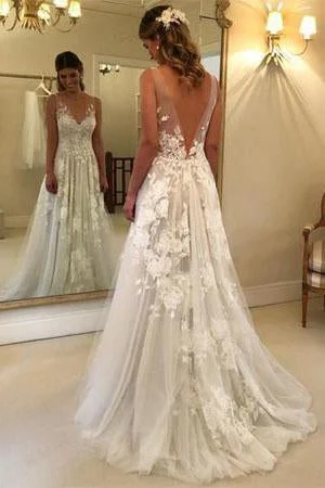 Elegant A-Line V-Neck Tulle Open Back Ivory Wedding Dresses with Lace Appliques WK114