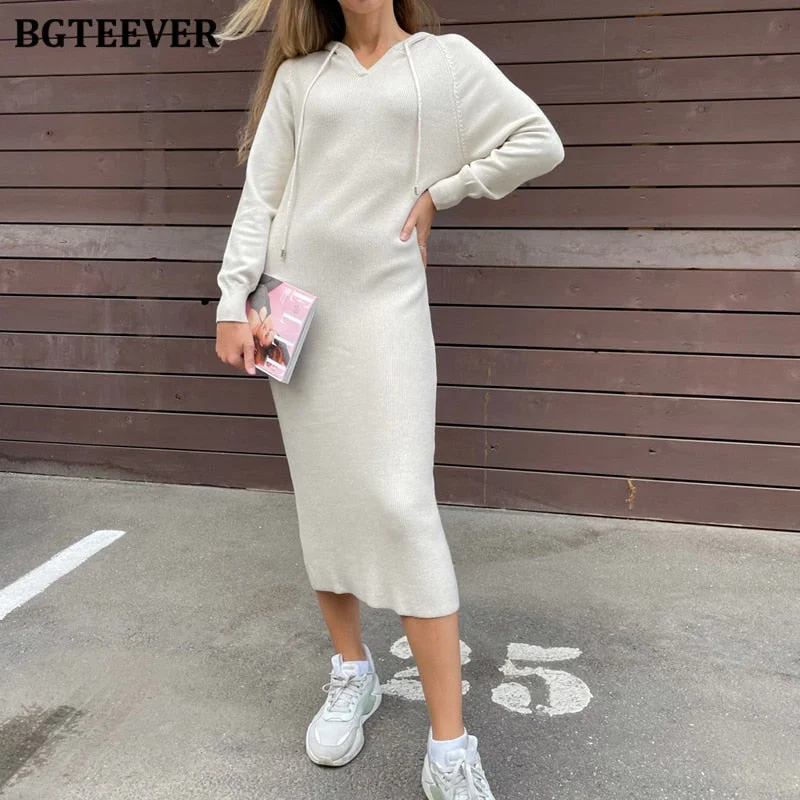 BGTEEVER Autumn Winter Women Dress  Hooded Knitted Midi Dresses for Women Long Sleeve Loose Female Sweater Vestidos