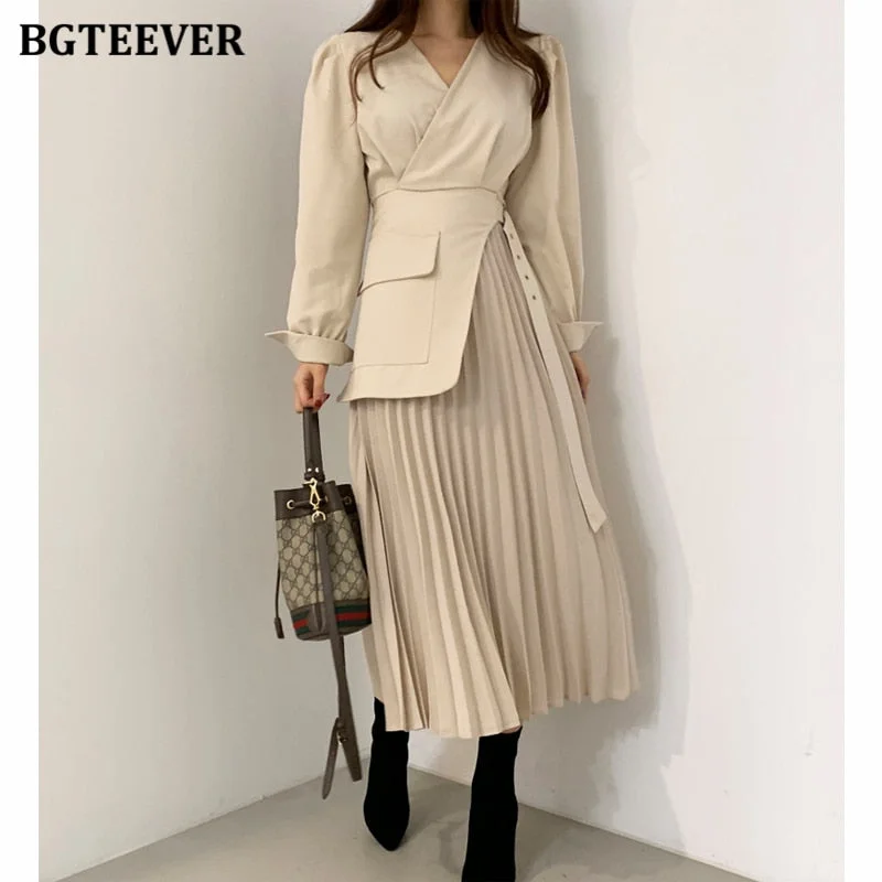 Christmas Gift BGTEEVER Casual V-neck Slim Waist Belted Female Dress  Spring Elegant Full Sleeve Women Pleated Vestidos Ladies Midi Dress