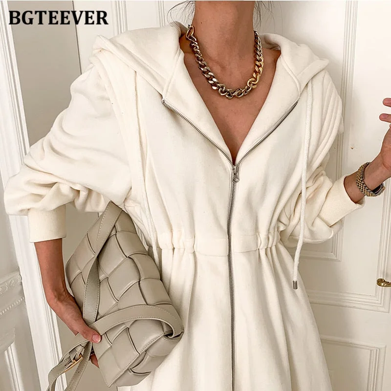 Christmas Gift BGTEEVER Chic Zippers Women Hooded Sweatshirt Midi Dress Casual Elastic Waist Long Sleeve Female A-line Dress  Spring