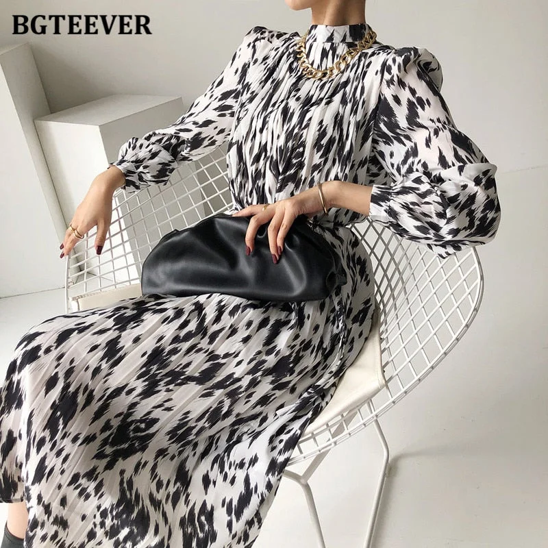 Christmas Gift BGTEEVER  Spring New Stand Collar Women Full Sleeve Dress Elegant Hit Color Female Lace-up Printed Midi Dress Vestidos