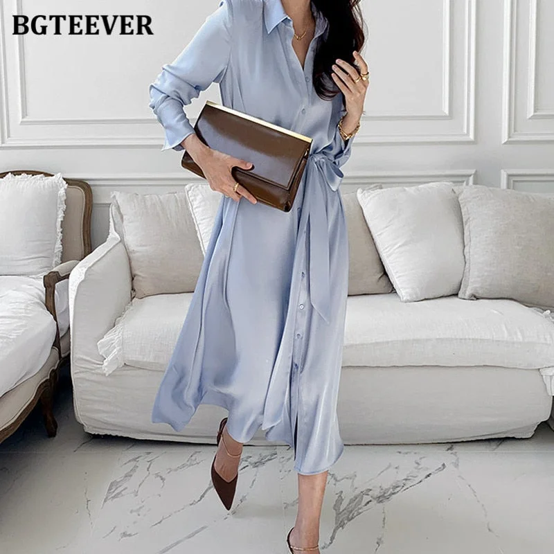 Christmas Gift BGTEEVER Spring Summer Satin Shirt Dress for Women  Elegant Full Sleeve Single-breasted Lace-up Female Midi Dress Vestidos