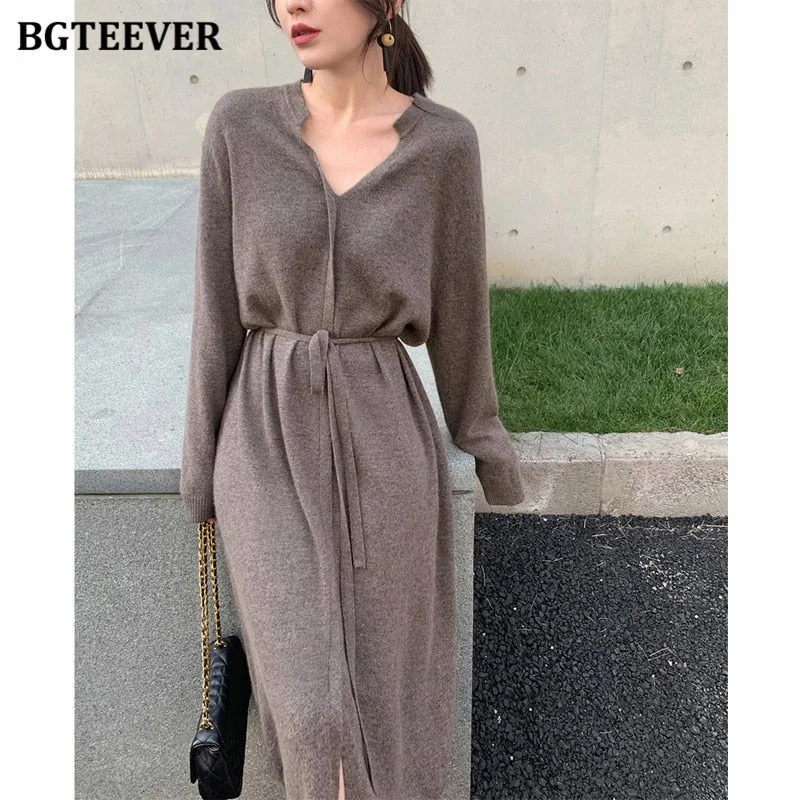 Christmas Gift BGTEEVER Vintage Women Knitted Dress Autumn Winter Brief V-neck Warm Drawstring Lace-up Loose Midi Female Sweater Dress