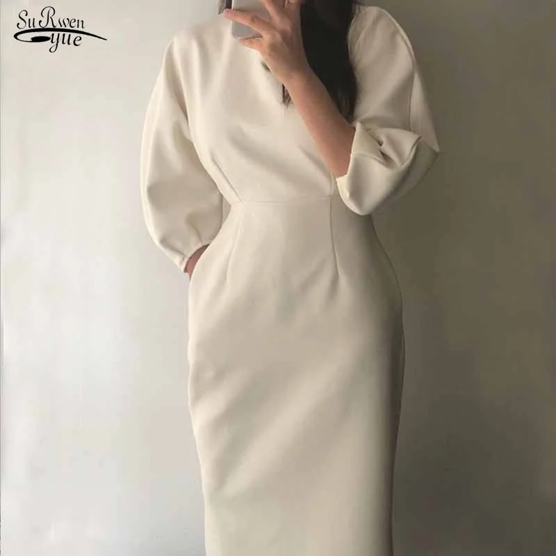 Elegant Slim O-neck Puff Sexy Solid Ladies Office Dress Fashion Sexy Solid Color Dress Women Slim Midi Dress Vestidos OL 12089