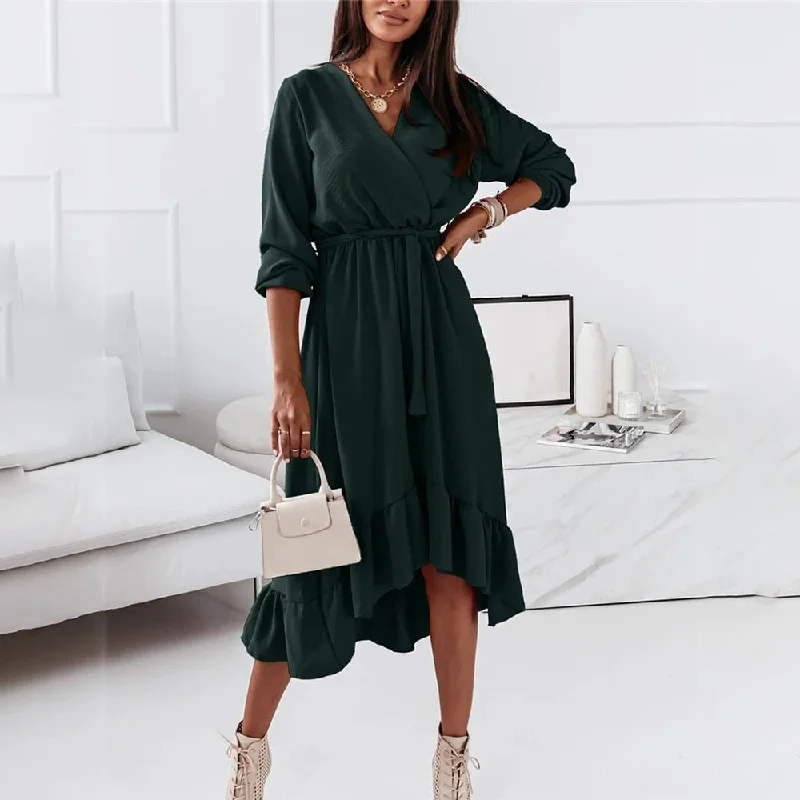 Christmas Gift Fashion V Neck Long Sleeve Green Midi Dress Women  Fall Clothes Casual Elegant Office Ladies Dresses For Woman Robe Femme