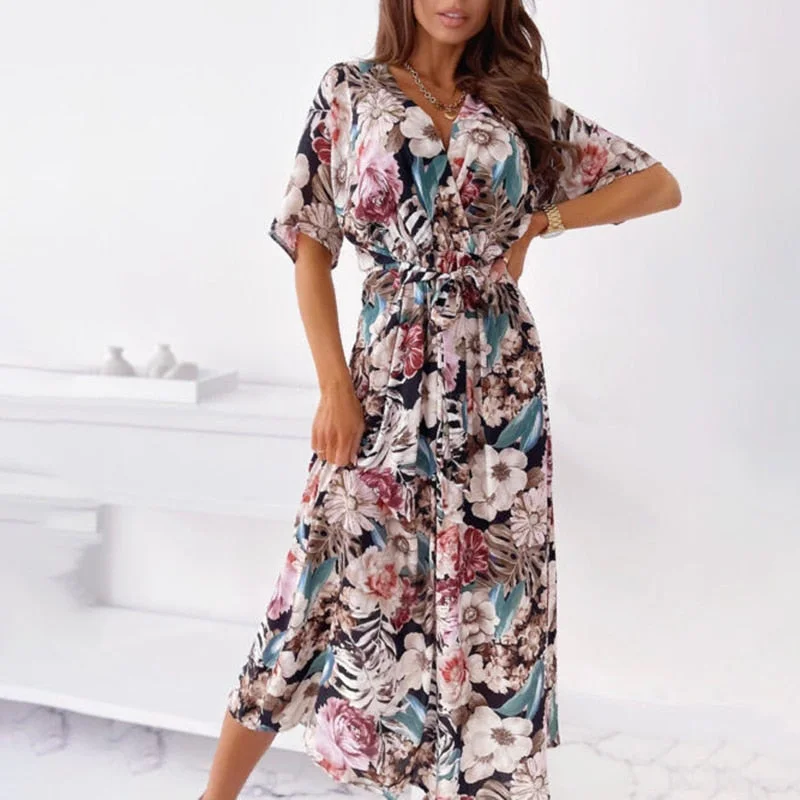 Christmas Gift Fashion V Nekc Short Sleeve Flowers Print Long Dress Woman  Summer Beach Boho Casual Midi Dresses For Women Robe Femme