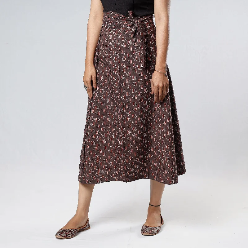 Brown - Ajrakh Block Printed Cotton Wrap Around Skirt