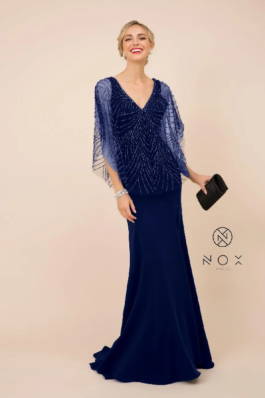 Long Fitted V-Neck Formal Dress with Beaded Cape Prom Sale