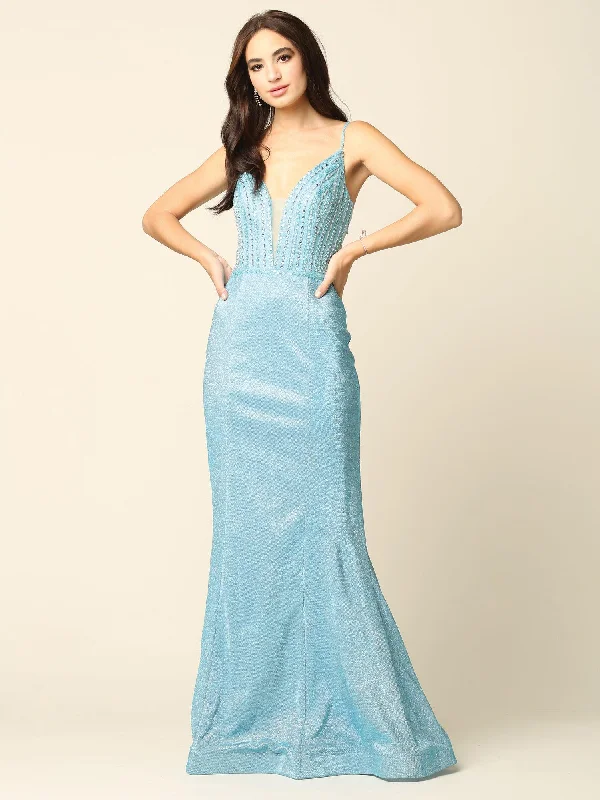 Long Formal Spaghetti Strap Metallic Prom Dress