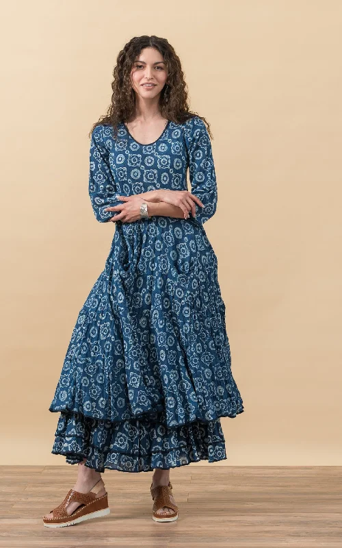 Santa Fe Dress, Long, 3/4 Sleeve, Indigo Medallion