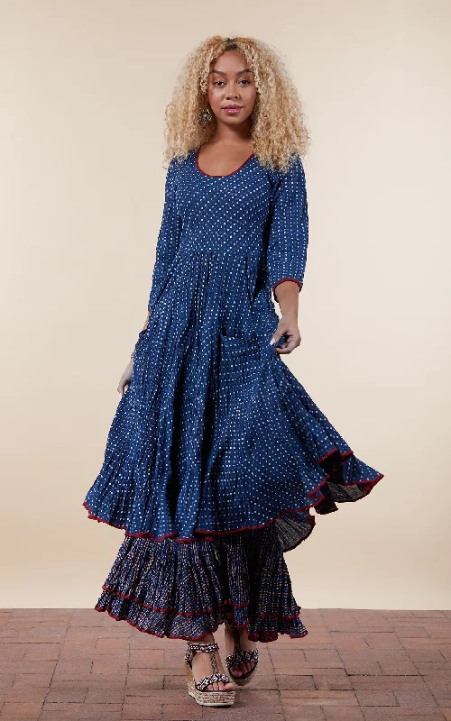 Santa Fe Dress, Long, 3/4 Sleeve, Indigo Dot