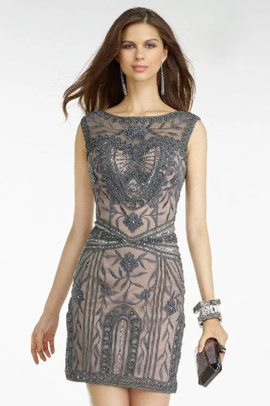 Alyce Paris Embellished Sheath Dress in Steel Grey/Pink 5765