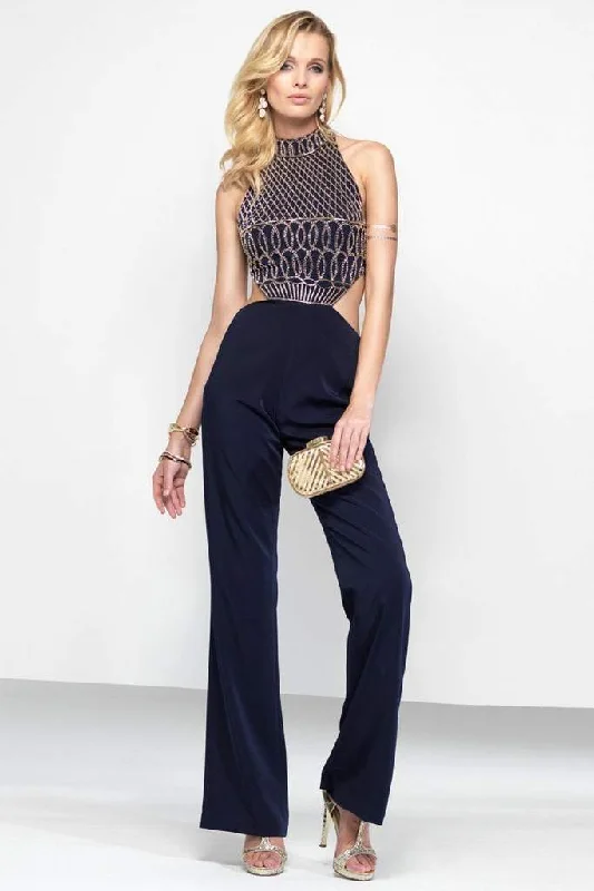 Alyce Paris - Lattice Beaded Embellished High Halter Jumpsuit 2577 - 1 pc Ivory In Size 2 Available