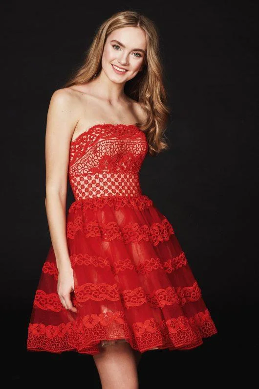 Angela & Alison - 82011 Strapless Embroidered Straight A-line Dress