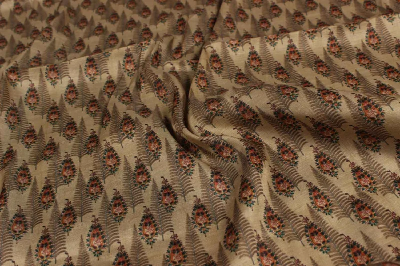 Beige Paisley Tussar Impression Fabric