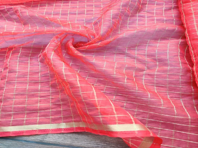 Bright Red Organza Fabric With Golden Banarasi Checks And Double Sided Border