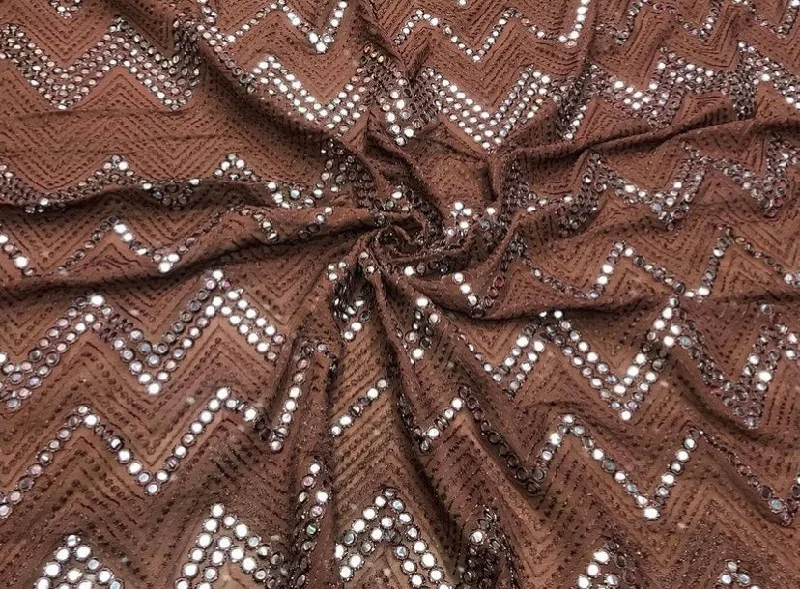 Brown Chevron Mirror Work Embroidered Viscose Georgette Fabric