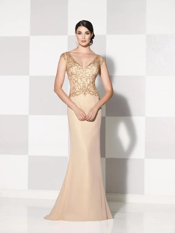 Mon Cheri - 115600 Beaded Illusion Cap Sleeves Mother of the Bride Dress - 1 Pc. Dark Champagne in size 6 Available