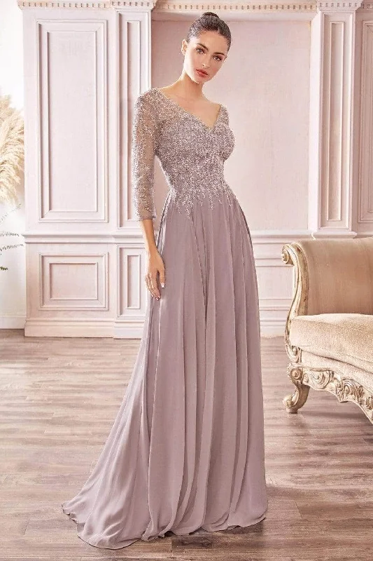 Cinderella Divine - Quarter Sleeve Chiffon A-Line Formal Dress CD0171