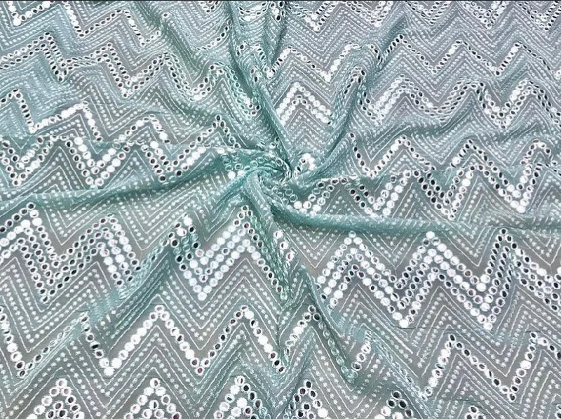 Cloudy Blue Chevron Mirror Work Embroidered Viscose Georgette Fabric