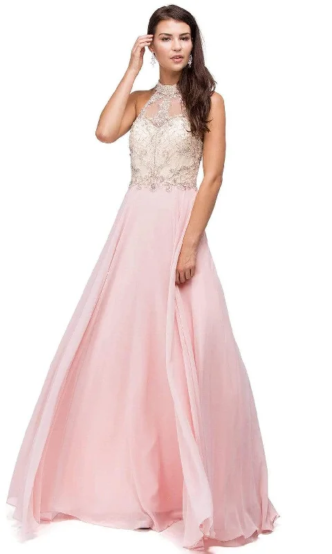 Dancing Queen - 9293 Embellished Illusion Halter Choker Neck Chiffon A-Line Dress - 1 pc Blush In Size L Available