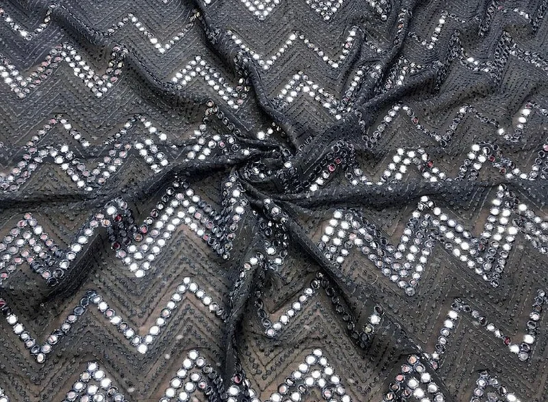 Dark Grey Chevron Mirror Work Embroidered Viscose Georgette Fabric