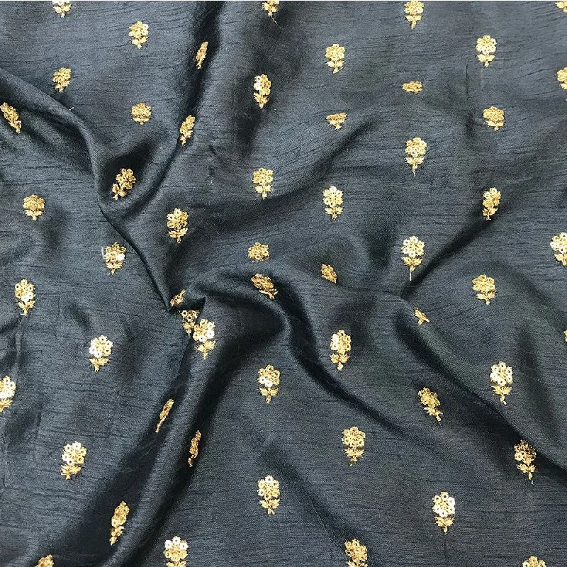 Dark Grey Flower Butti Embroidered Viscose Dola Silk Fabric