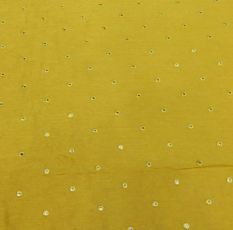 Dark Yellow Motifs Mirror Work Embroidered Viscose Dola Silk Fabric