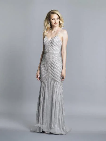 Dave & Johnny - Embellished V-neck Trumpet Dress With Train 3751 - 1 pc Silver In Size 0 Available