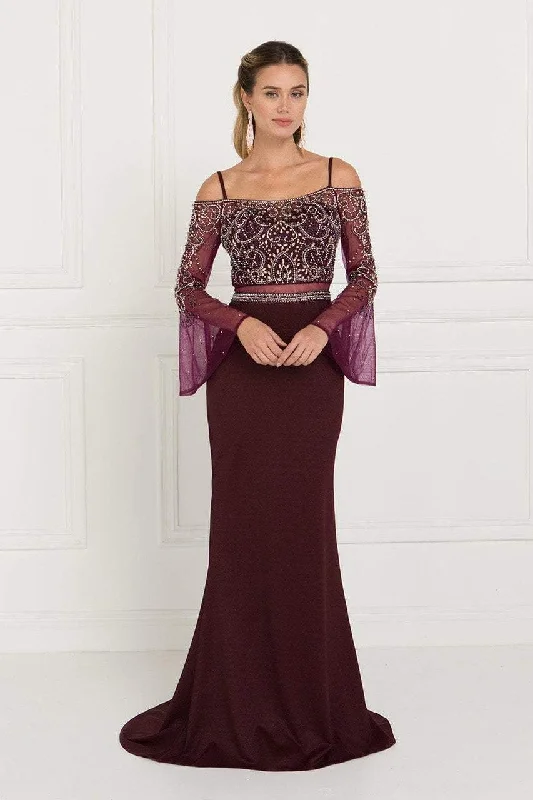 Elizabeth K Embellished Two Piece Sheer Dress with Bell Sleeves GL1500 - 1 pc Burgundy In Size S Available