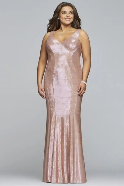 Faviana - Sleeveless Metallic Jersey V-neck Sheath Dress 9453 - 1 pc Platinum In Size 14W Available