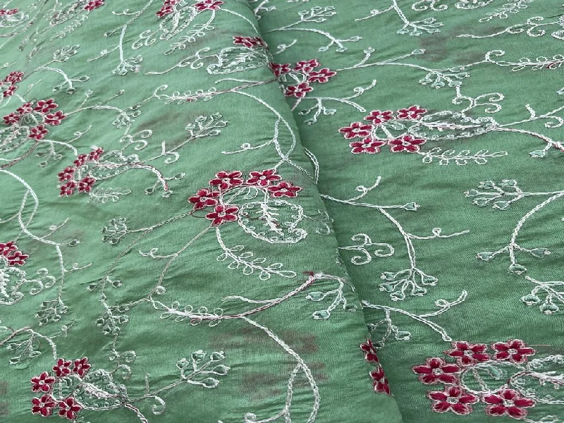 Green Thread Work Embroidered Jaal Chanderi Fabric