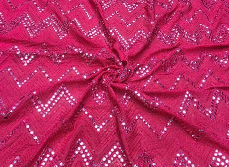 Hot Pink Chevron Mirror Work Embroidered Viscose Georgette Fabric