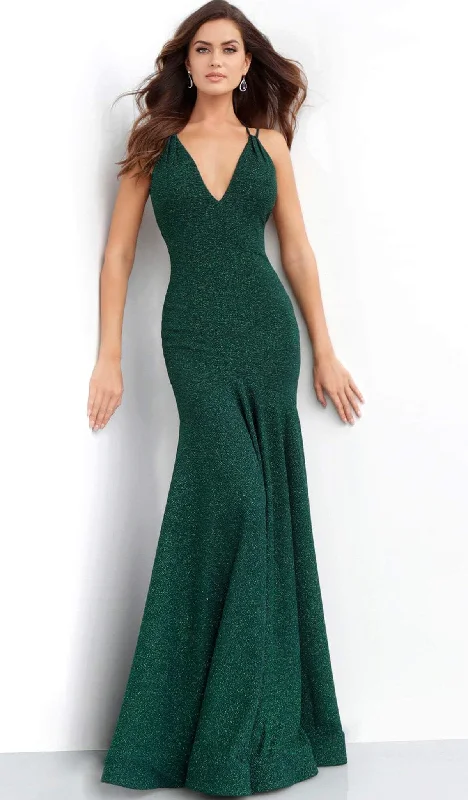 Jovani - 60214 Plunging V-neck Glitter Trumpet Dress