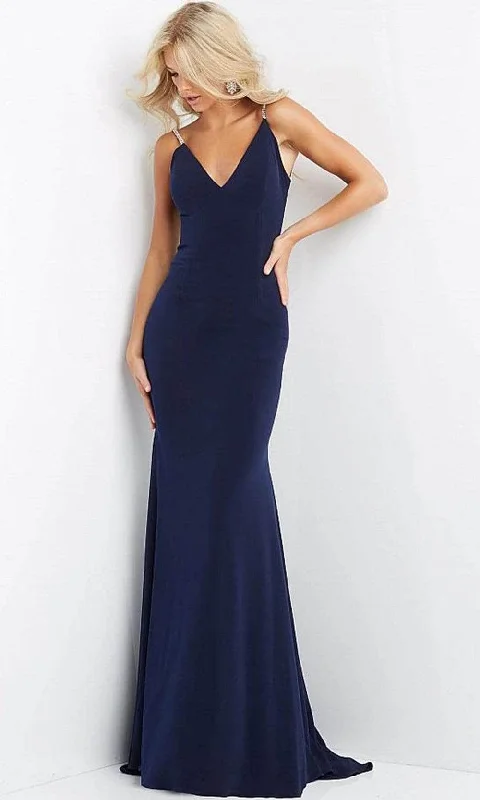 Jovani - Embellished Backless Trumpet Dress 07297SC - 1 pc Navy In Size 00 Available