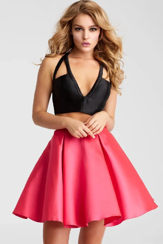 Jovani Plunging V-Neck Two-Piece Mikado Dress 1 pc Black/Fushia in size 4 Available